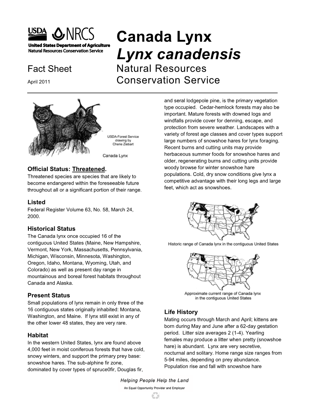 Canada Lynx Lynx Canadensis Fact Sheet Natural Resources April 2011 Conservation Service