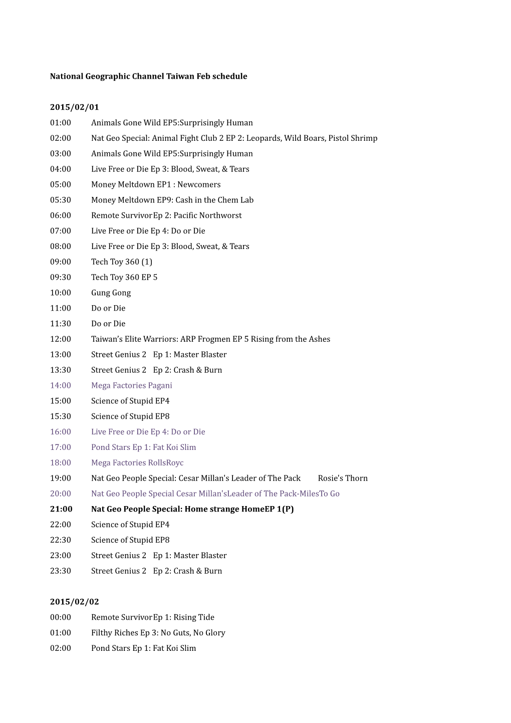 National Geographic Channel Taiwan Feb Schedule