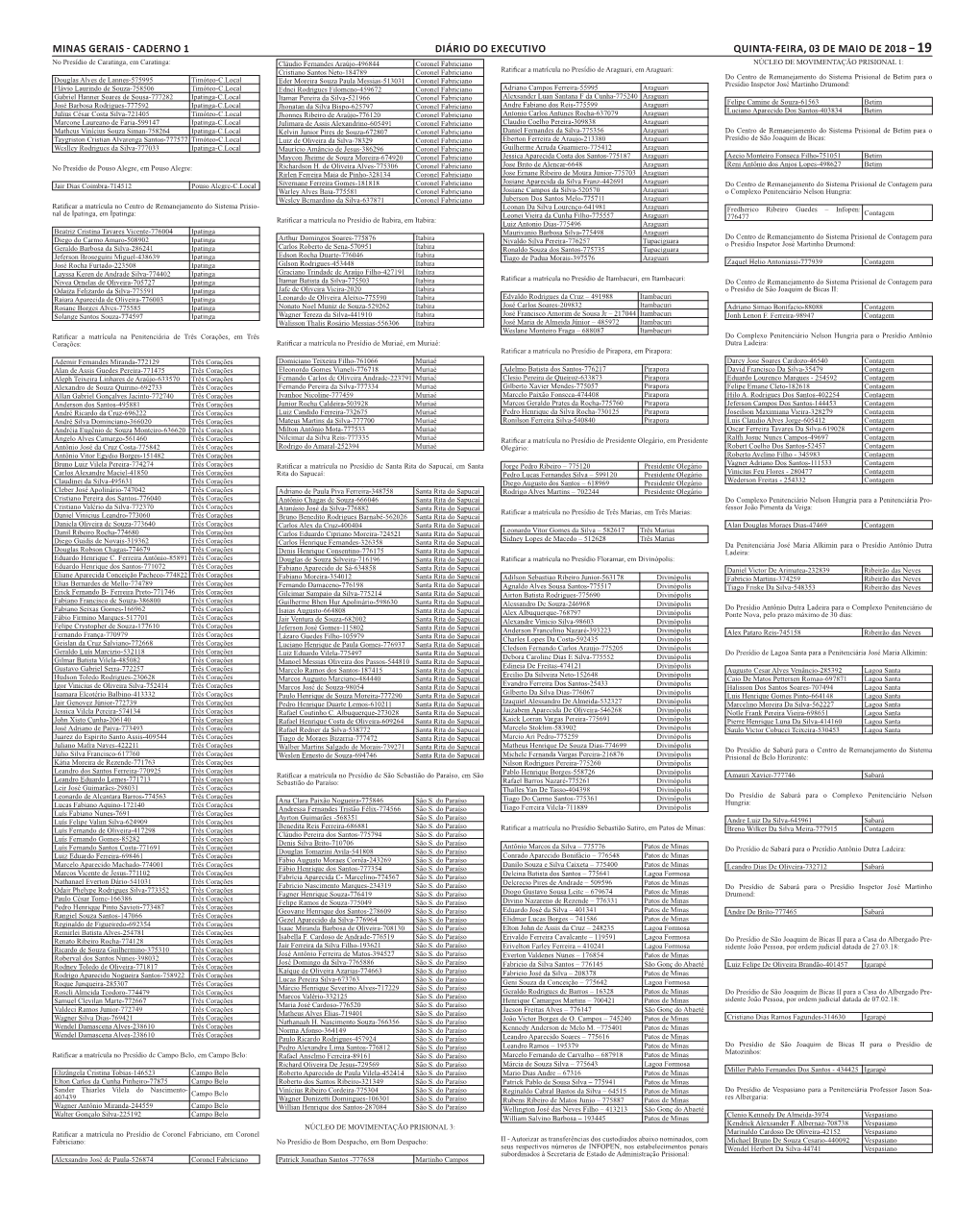 Caderno 1 Diário Do Executivo Quinta-Feira, 03 De Maio De 2018 – 19