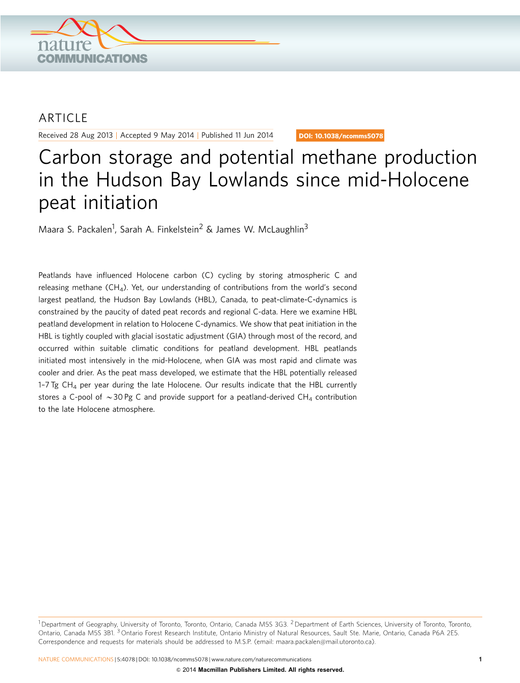 Carbon Storage and Potential Methane Production in the Hudson Bay Lowlands Since Mid-Holocene Peat Initiation