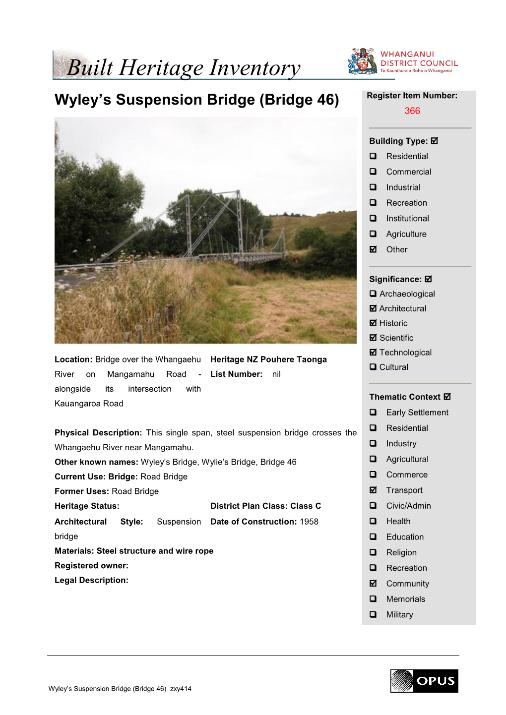 Built Heritage Inventory Wyley’S Suspension Bridge (Bridge 46) Register Item Number: 366