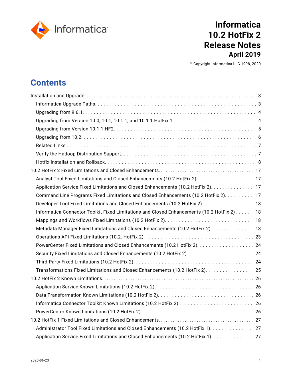 Informatica 10.2 Hotfix 2 Release Notes April 2019