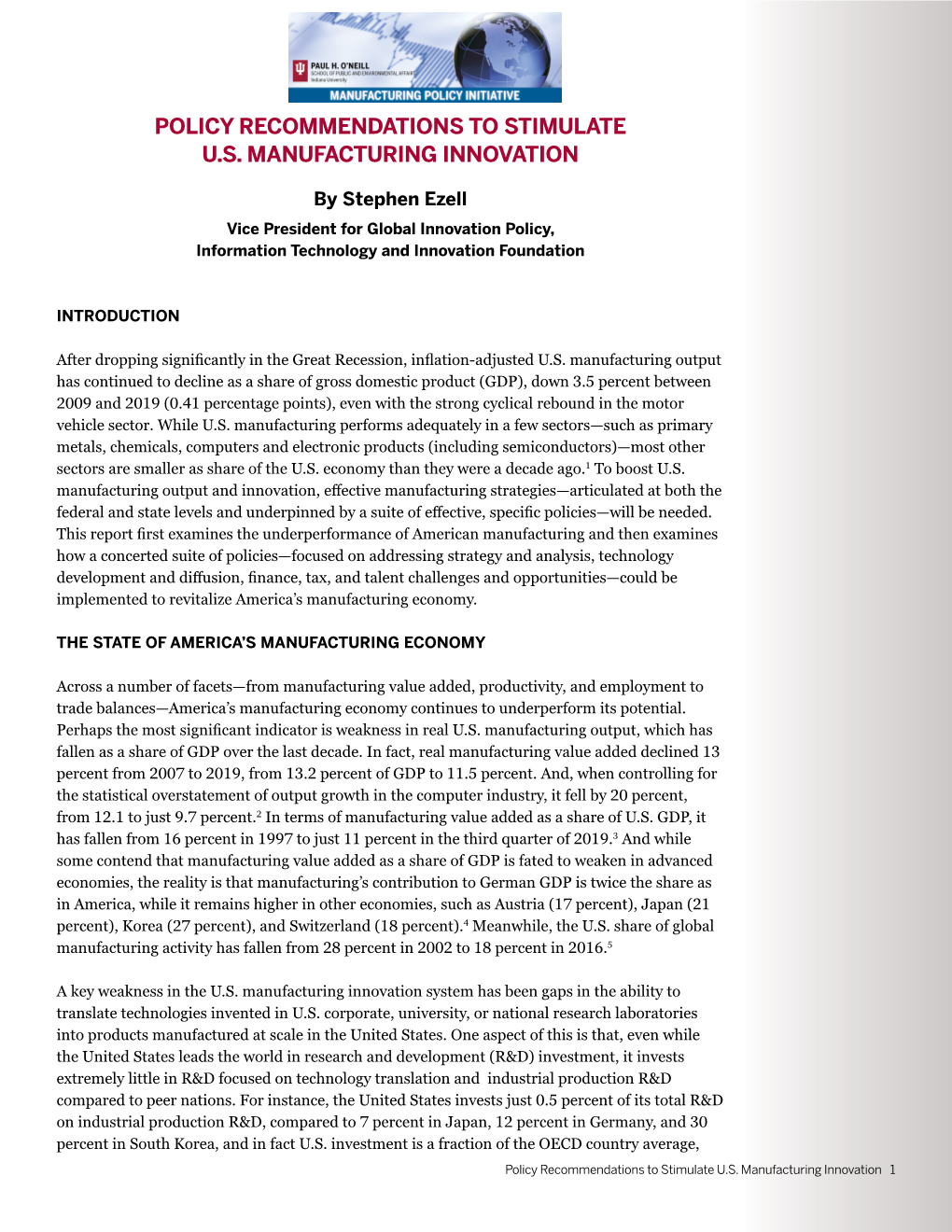 Policy Recommendations to Stimulate U.S. Manufacturing Innovation