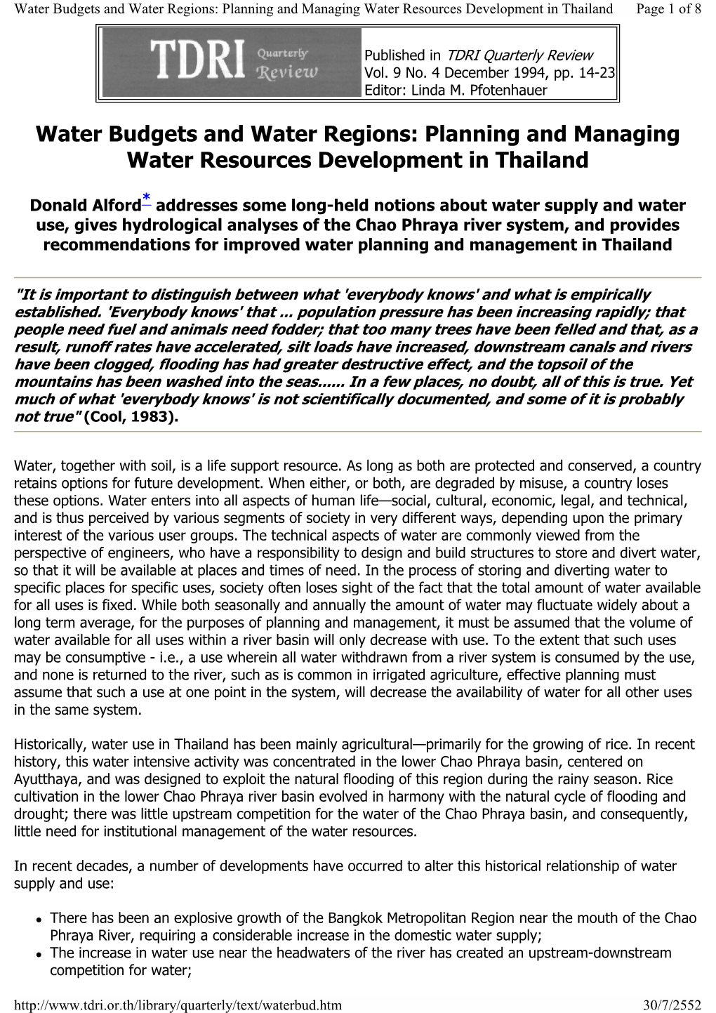 Planning and Managing Water Resources Development in Thailand Page 1 of 8