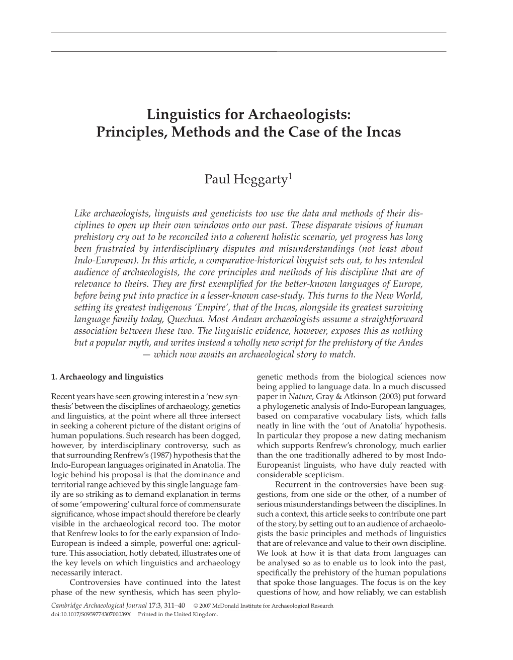 Linguistics for Archaeologists: Principles, Methods and the Case of the Incas