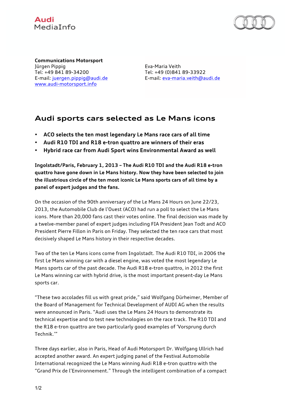 Audi Sports Cars Selected As Le Mans Icons