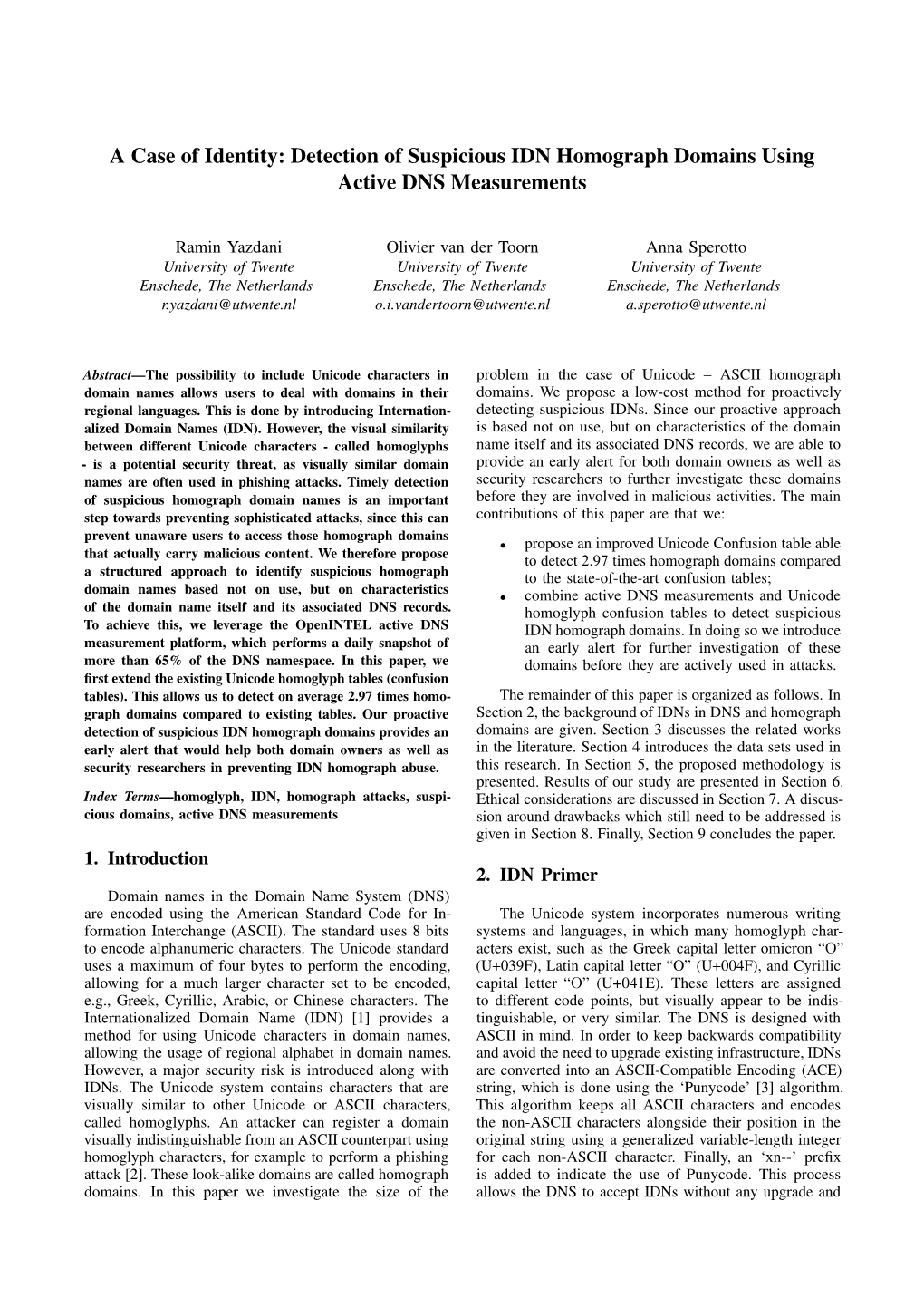 Detection of Suspicious IDN Homograph Domains Using Active DNS Measurements