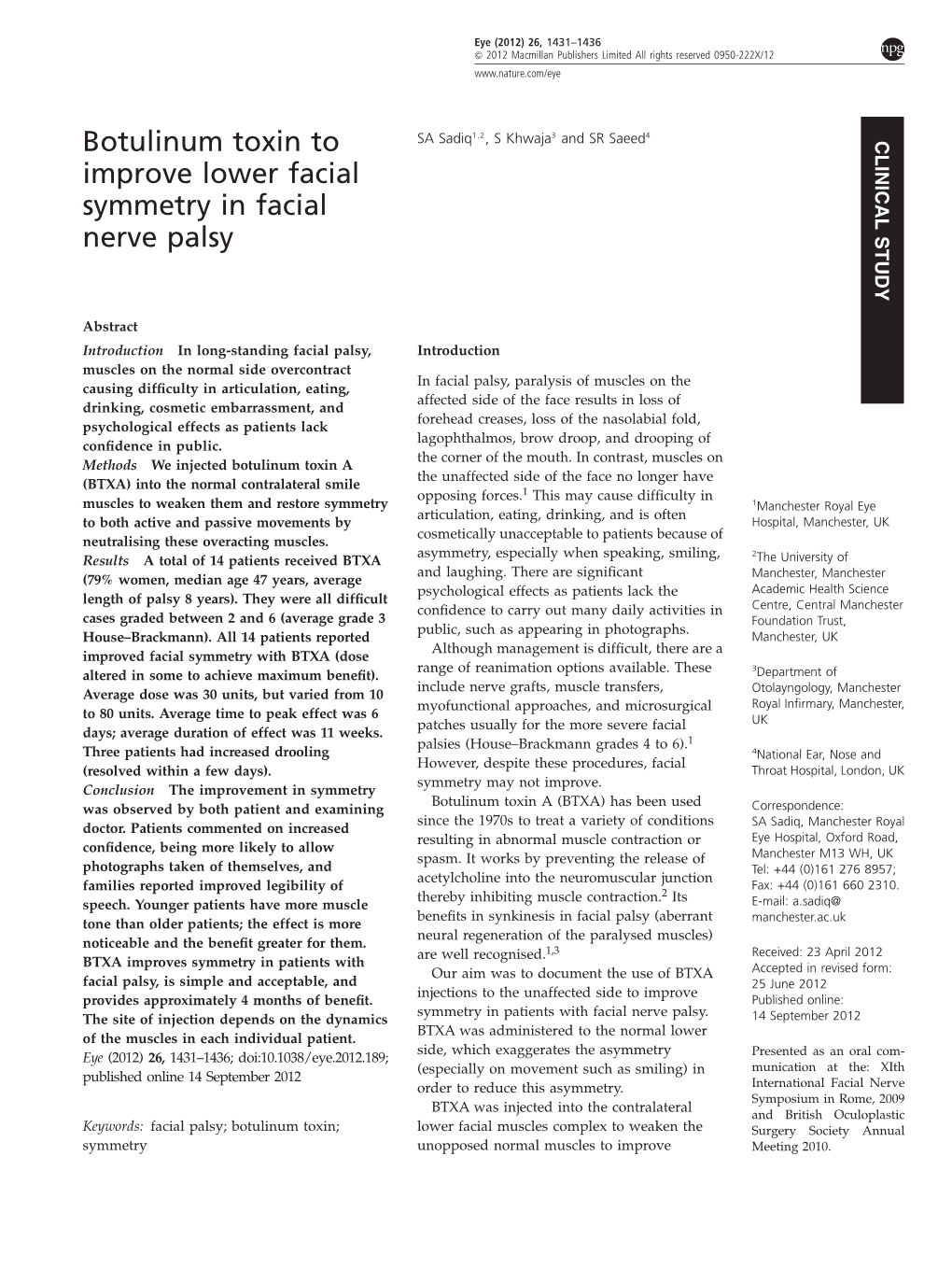 Botulinum Toxin to Improve Lower Facial Symmetry in Facial Nerve Palsy SA Sadiq Et Al 1432