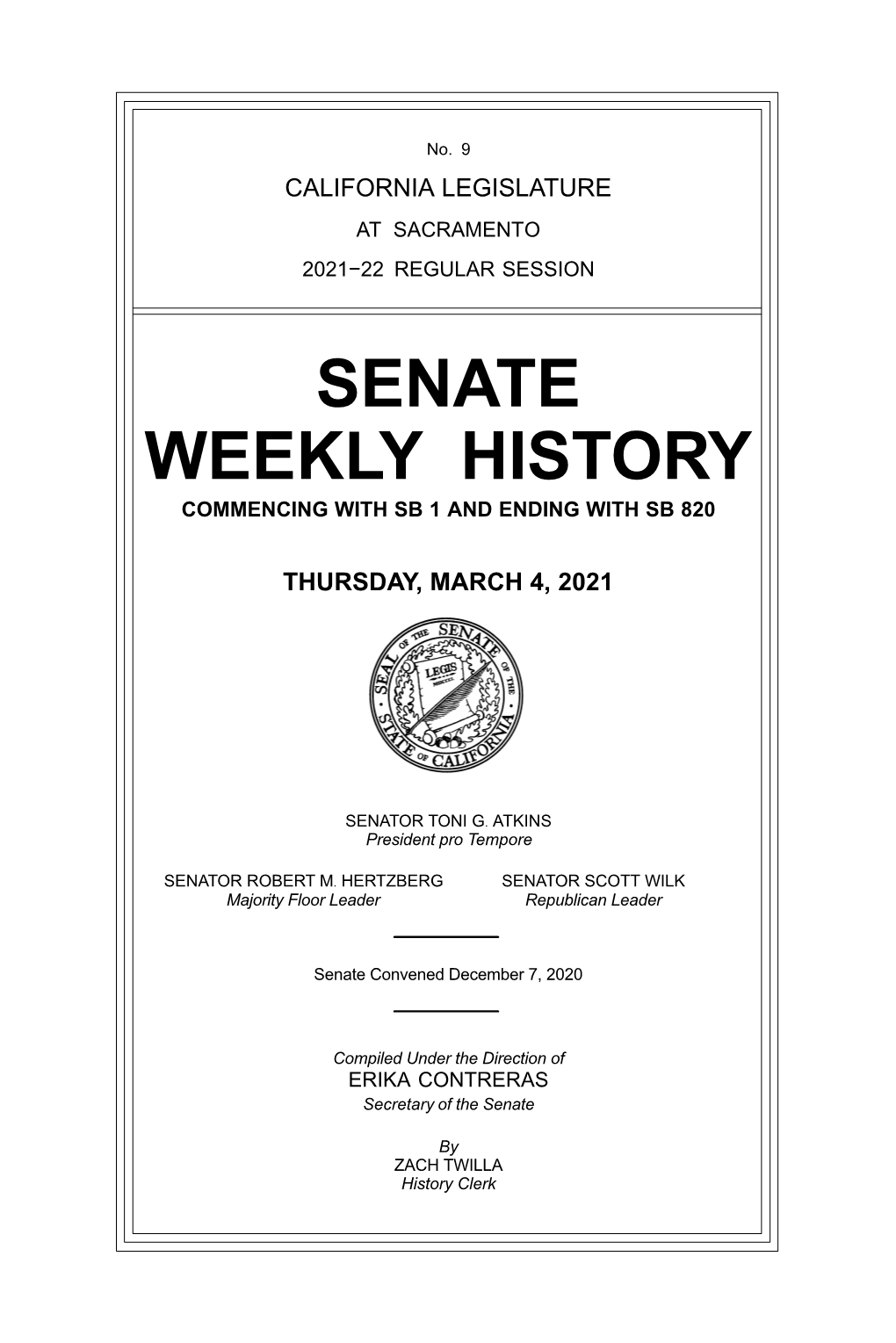 Senate Weekly History Commencing with Sb 1 and Ending with Sb 820