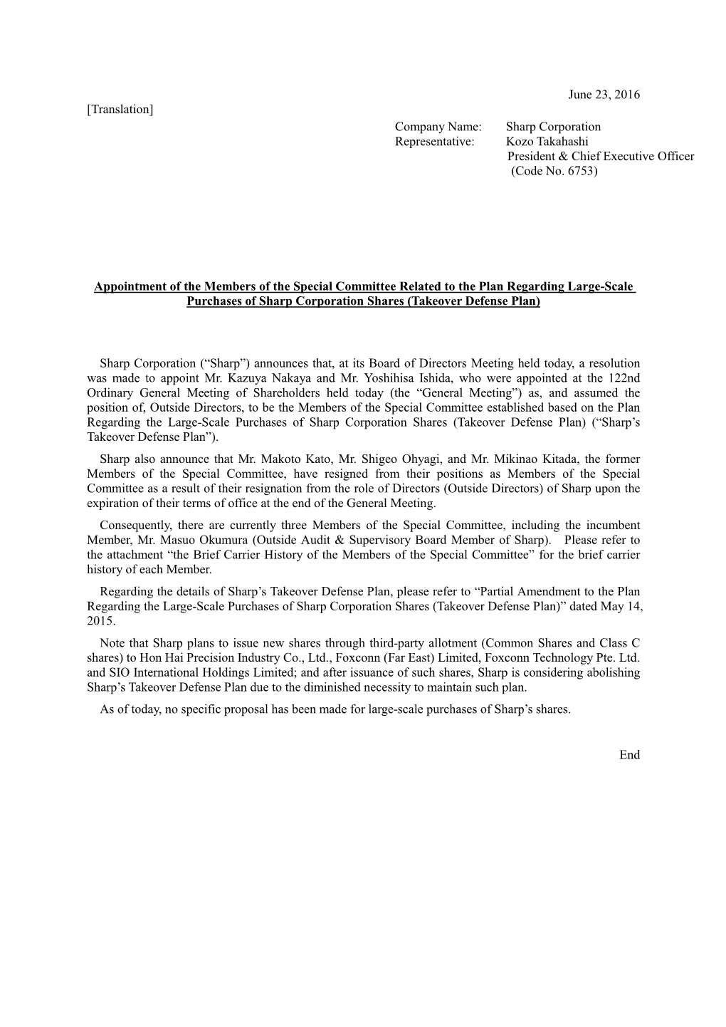 Appointment of the Members of the Special Committee Related to the Plan Regarding Large-Scale Purchases of Sharp Corporation Shares (Takeover Defense Plan)