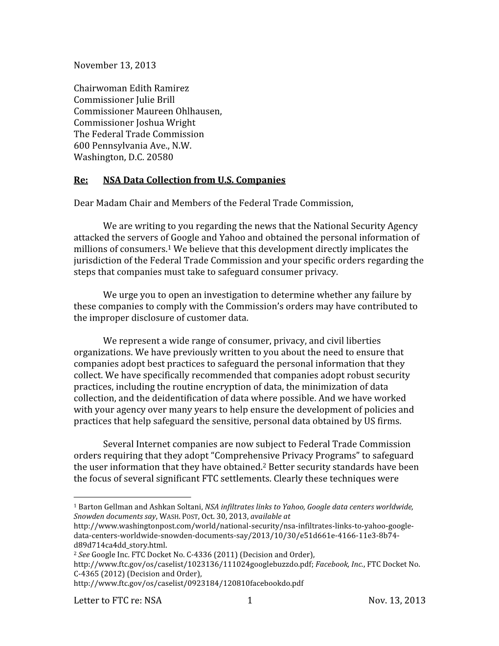 Letter to FTC Re: NSA 1 Nov. 13, 2013 November 13, 2013 Chairwoman Edith Ramirez Commissioner Julie Brill Commissioner Maureen