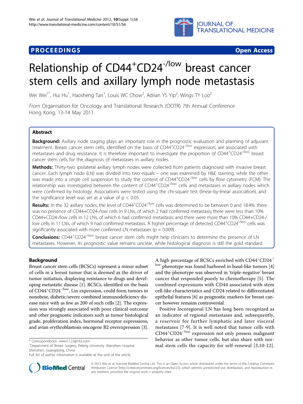 Relationship of CD44 CD24 Breast Cancer Stem Cells and Axillary Lymph Node Metastasis