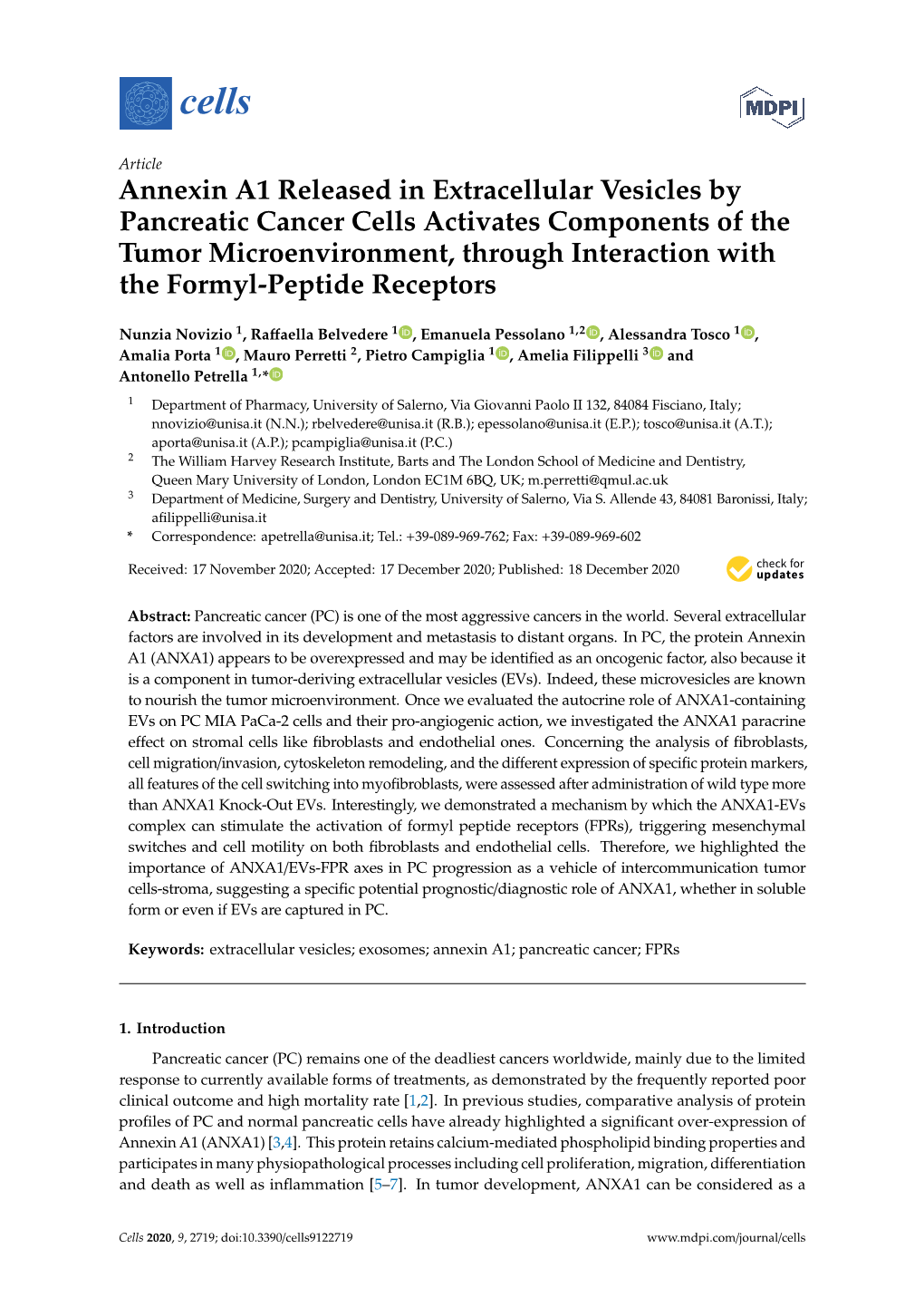 Annexin A1 Released in Extracellular Vesicles by Pancreatic Cancer Cells Activates Components of the Tumor Microenvironment