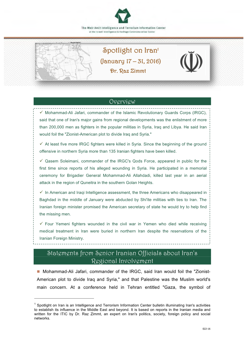 Spotlight on Iran1 (January 17 – 31, 2016) Dr