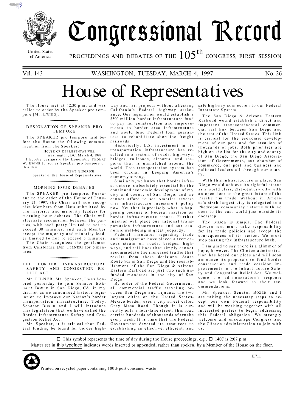 Congressional Record United States Th of America PROCEEDINGS and DEBATES of the 105 CONGRESS, FIRST SESSION