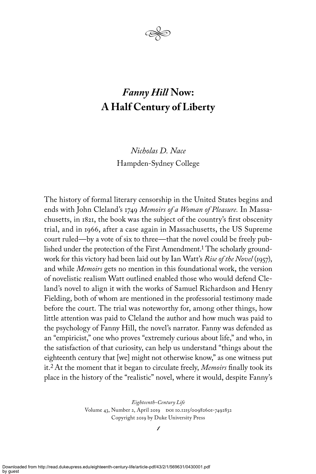 Fanny Hill Now: a Half Century of Liberty