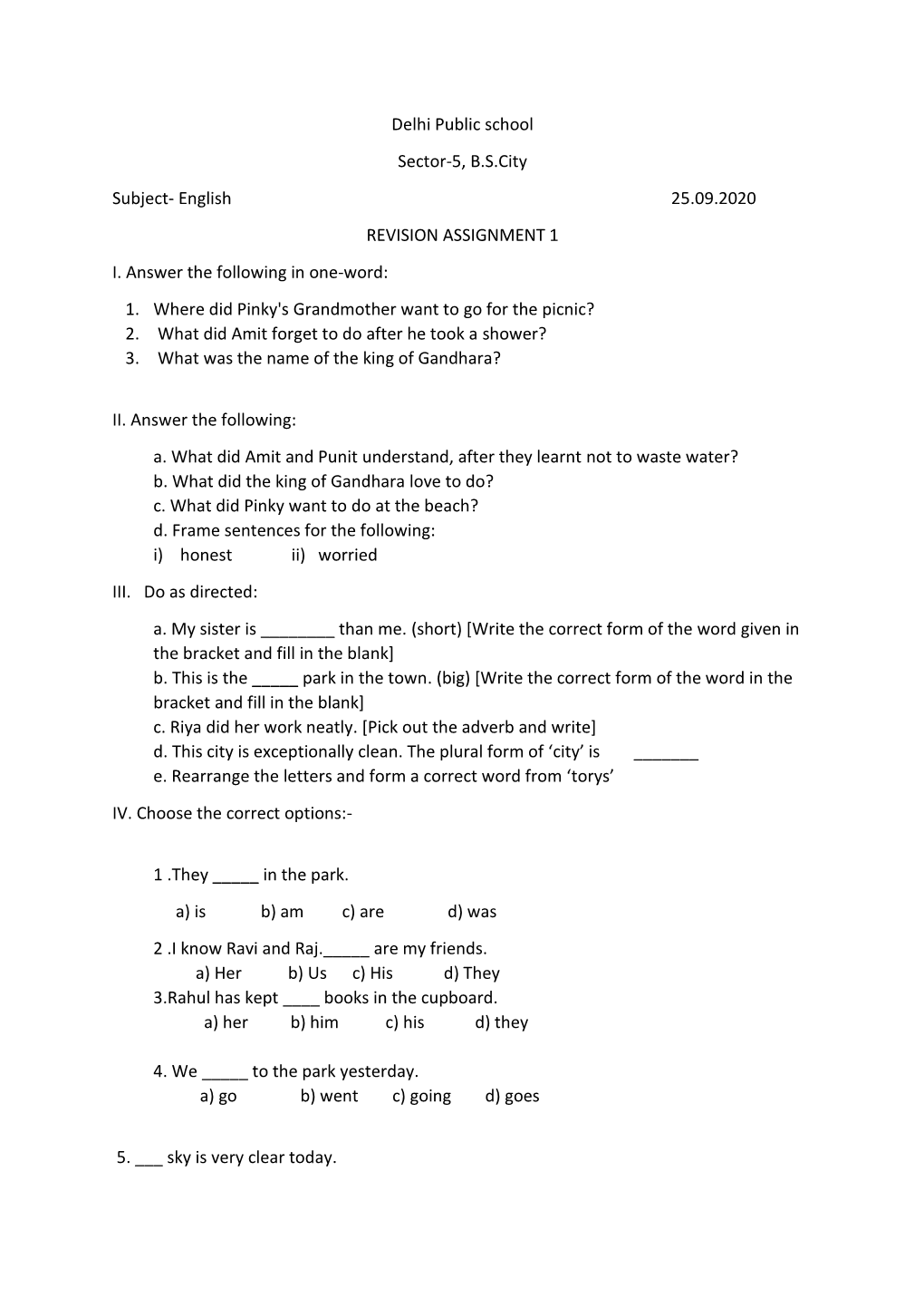 English 25.09.2020 REVISION ASSIGNMENT 1 I. Answer the Following in One-Word: 1