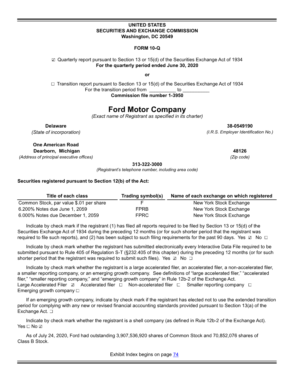 Ford Motor Company (Exact Name of Registrant As Specified in Its Charter)