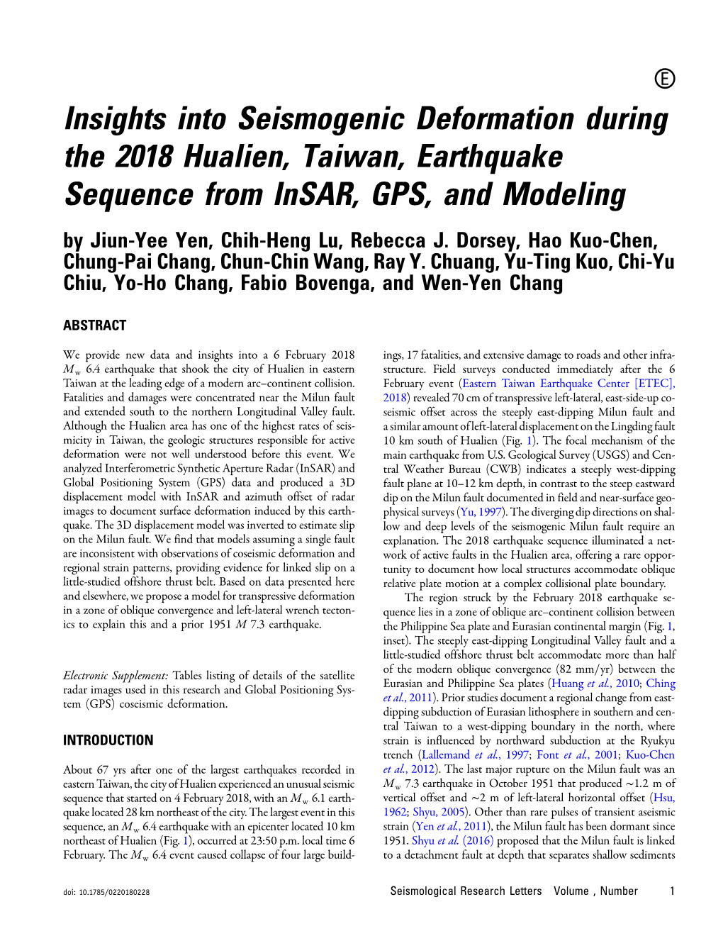 Insights Into Seismogenic Deformation During the 2018 Hualien, Taiwan, Earthquake Sequence from Insar, GPS, and Modeling by Jiun-Yee Yen, Chih-Heng Lu, Rebecca J