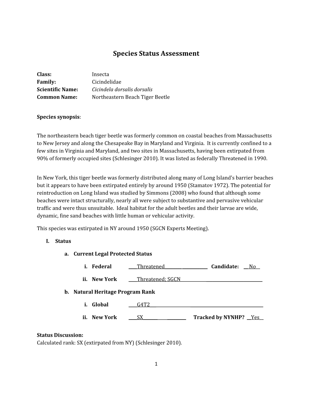 Species Assessment for Northeast Beach Tiger Beetle