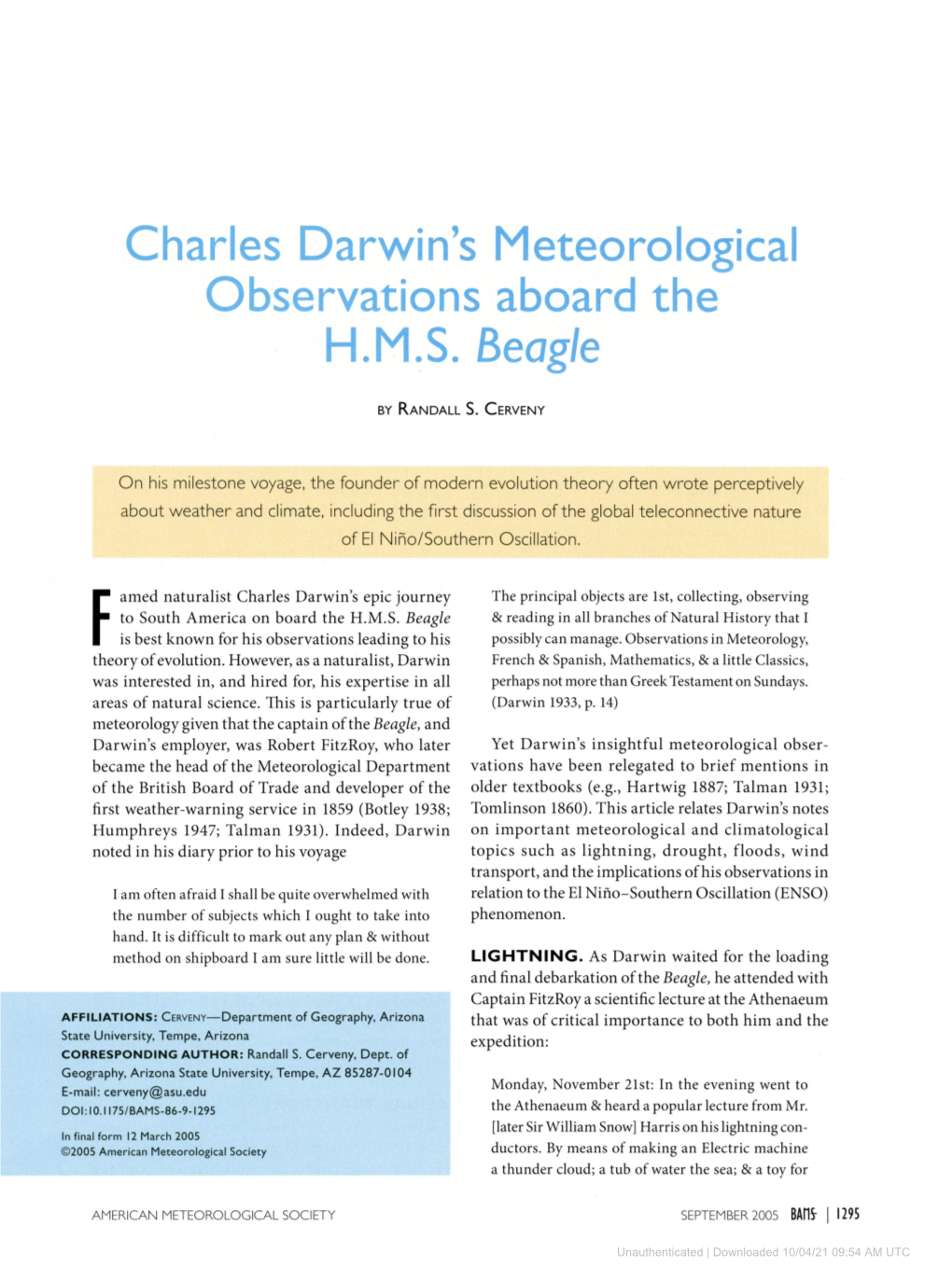 Charles Darwin's Meteorological Observations Aboard the H.M.S. Beagle