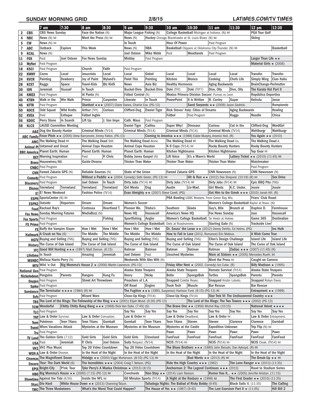 Sunday Morning Grid 2/8/15 Latimes.Com/Tv Times