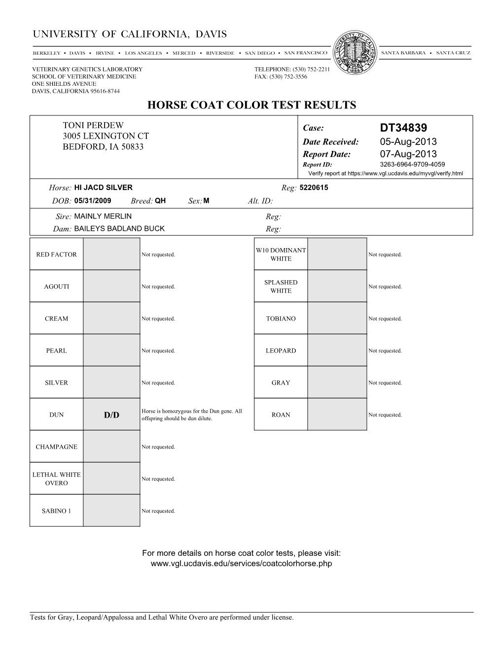 Horse Coat Color Test Results Dt34839