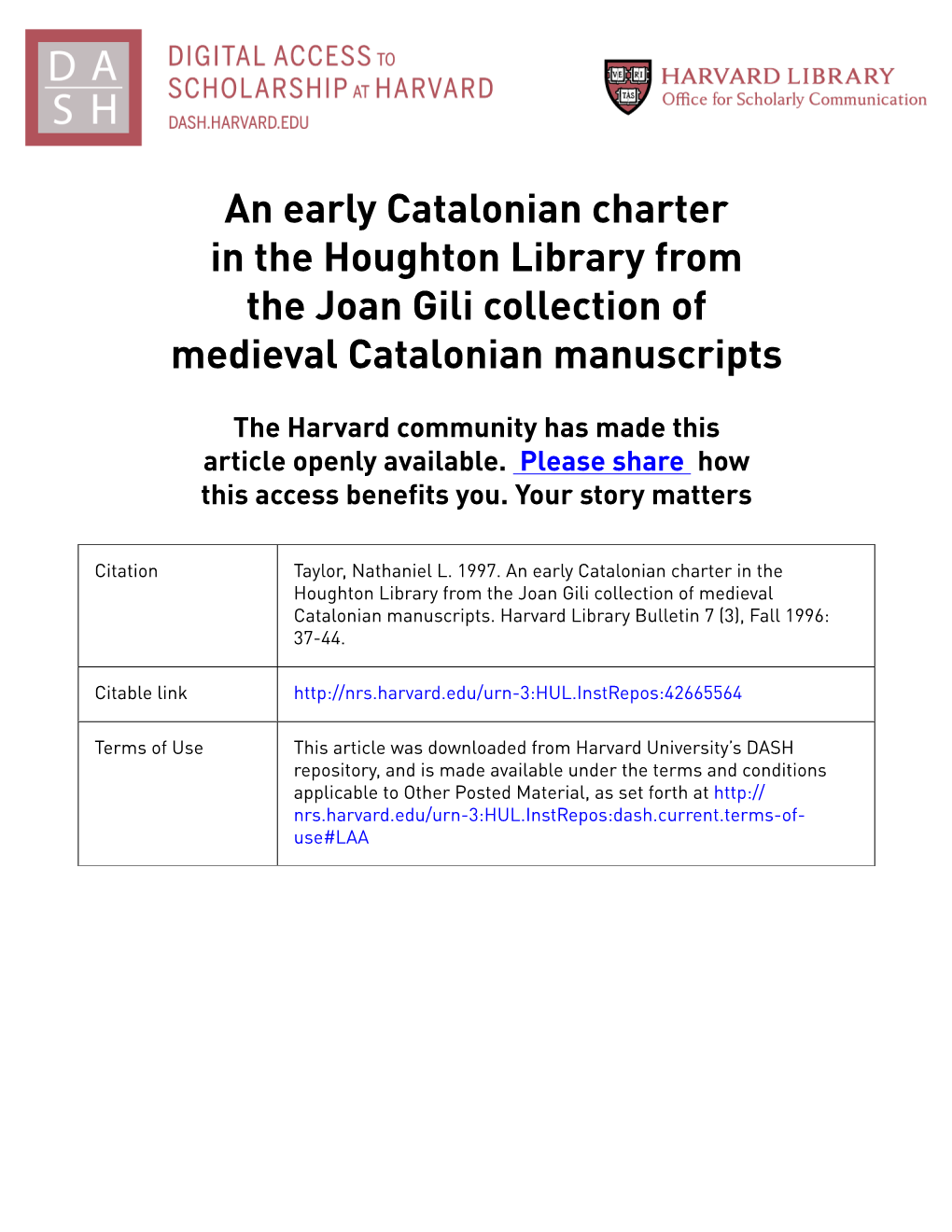 An Early Catalonian Charter in the Houghton Library from the Joan Gili Collection of Medieval Catalonian Manuscripts