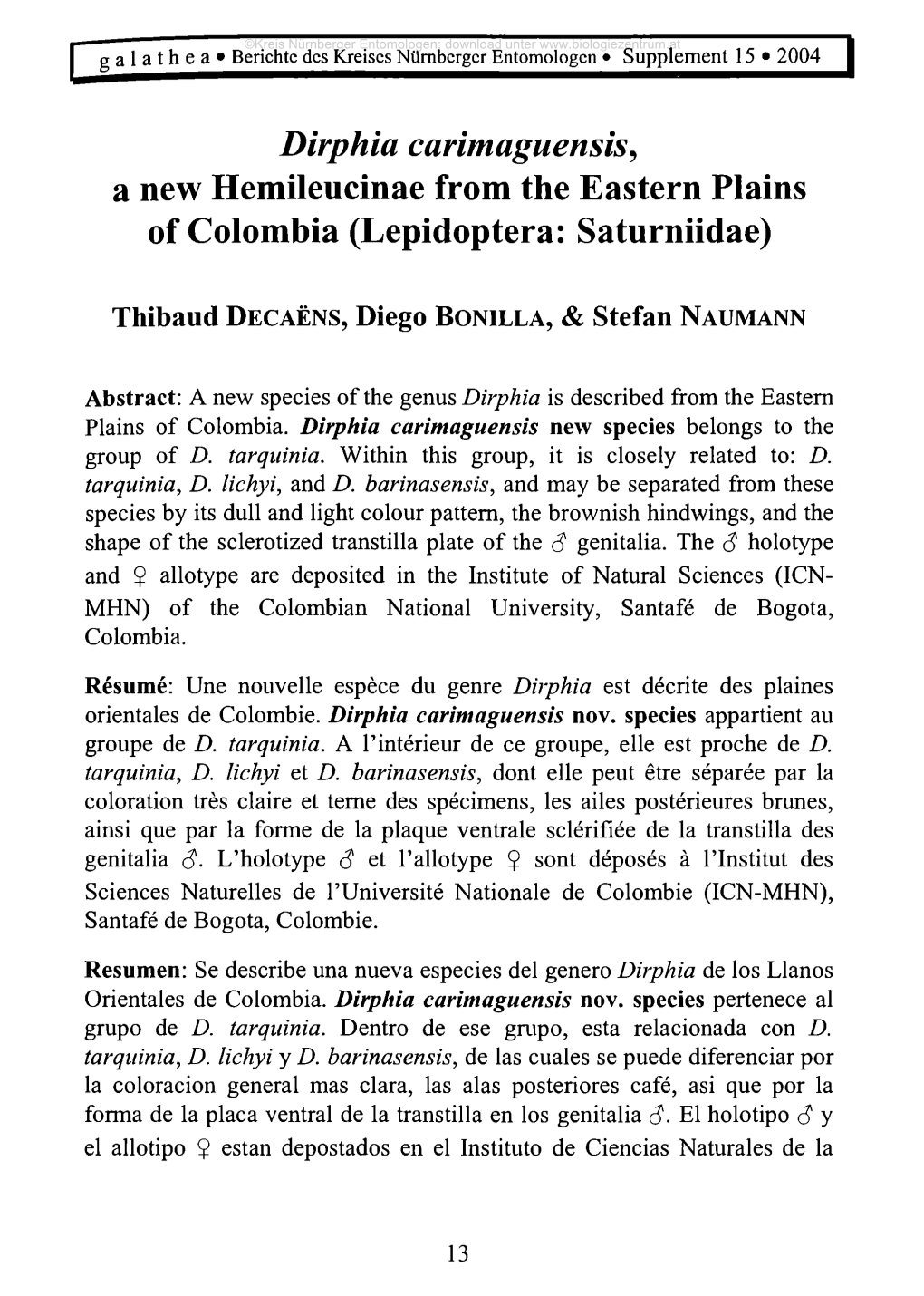 Dirphia Carimaguensis, a New Hemileucinae from the Eastern Plains of Colombia (Lepidoptera: Saturniidae)