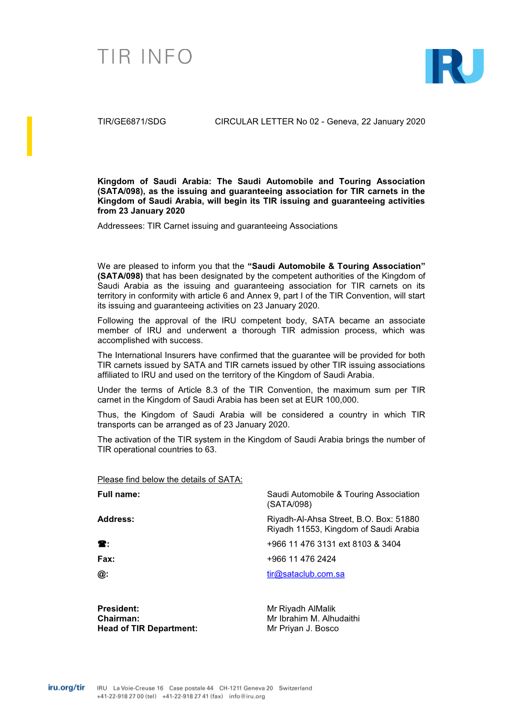 TIR/GE6871/SDG CIRCULAR LETTER No 02 - Geneva, 22 January 2020