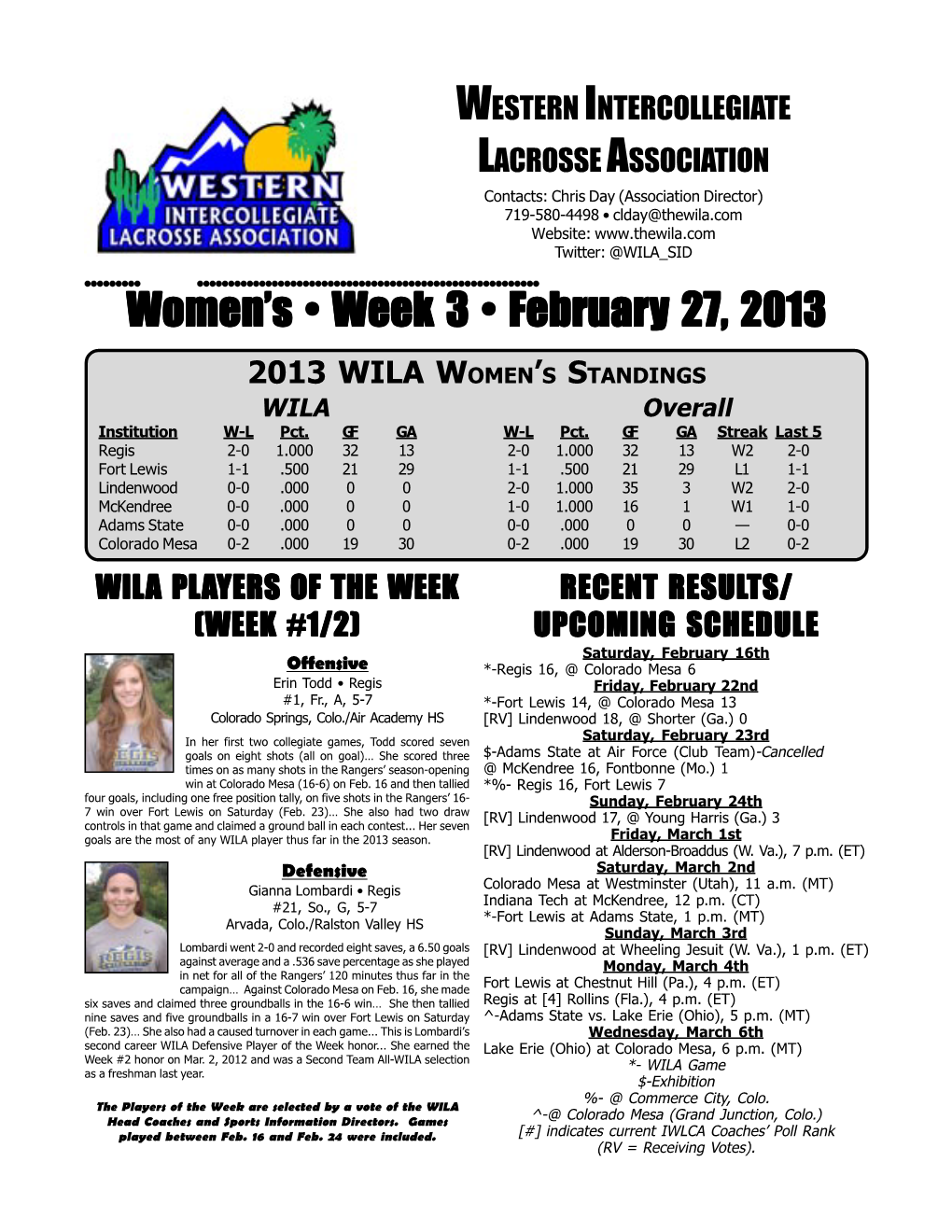 Women's • Week 3 • Februar Women's • Week 3 • February 27, 2013