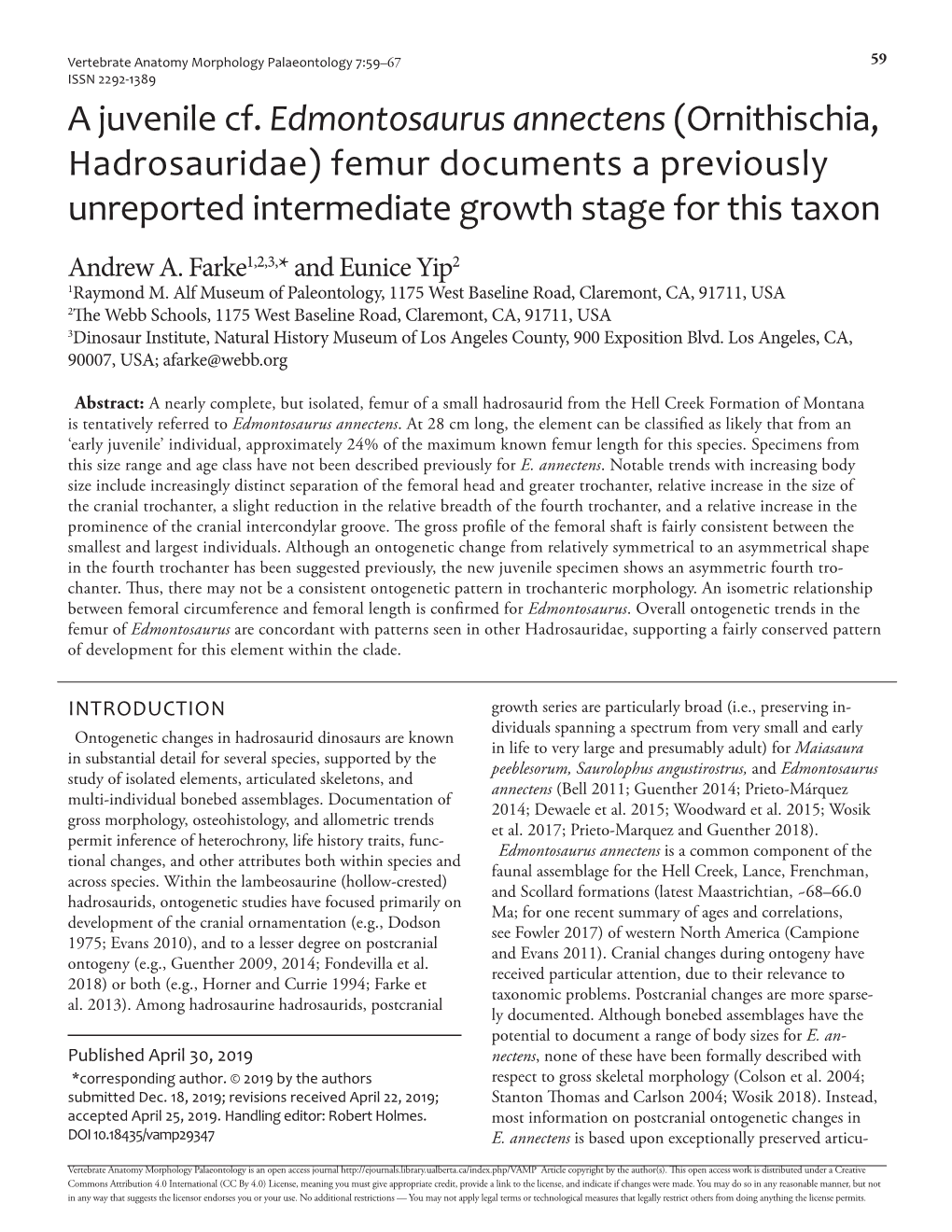 A Juvenile Cf. Edmontosaurus Annectens (Ornithischia, Hadrosauridae) Femur Documents a Previously Unreported Intermediate Growth Stage for This Taxon Andrew A