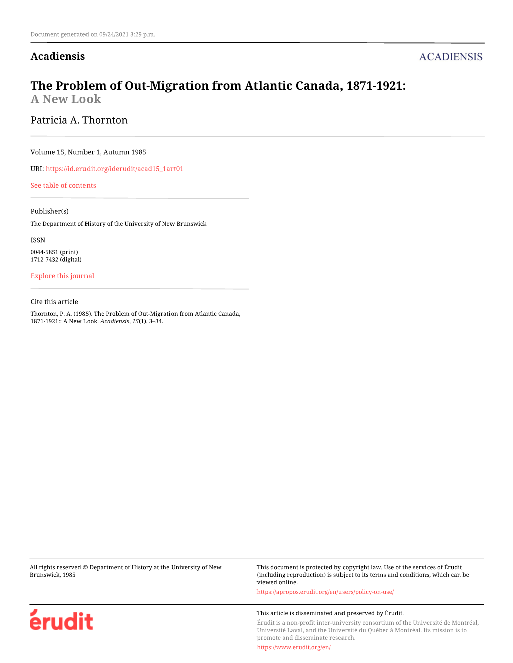 The Problem of Out-Migration from Atlantic Canada, 1871-1921: a New Look Patricia A