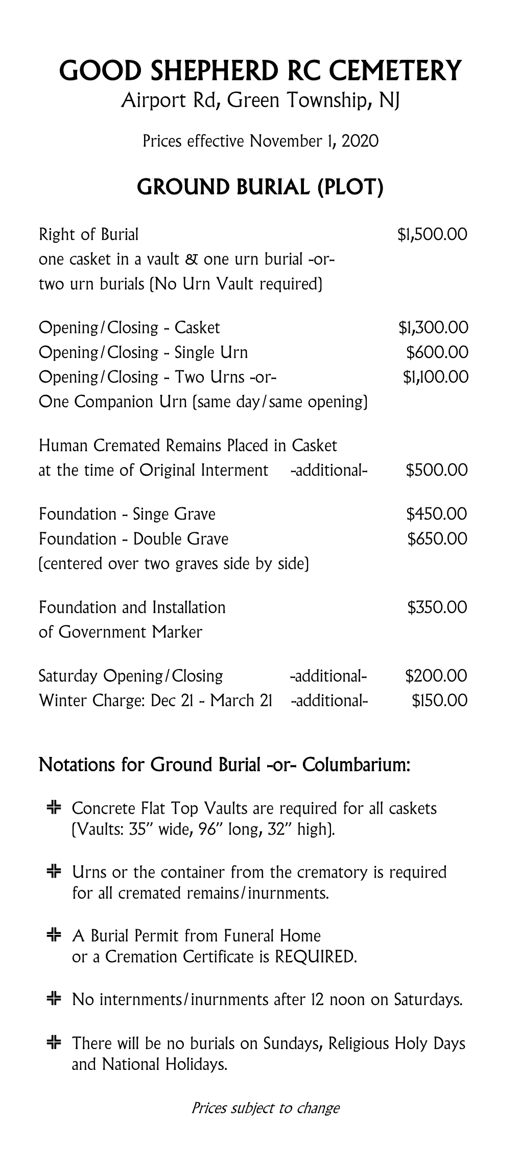 Cemetery Price List Card