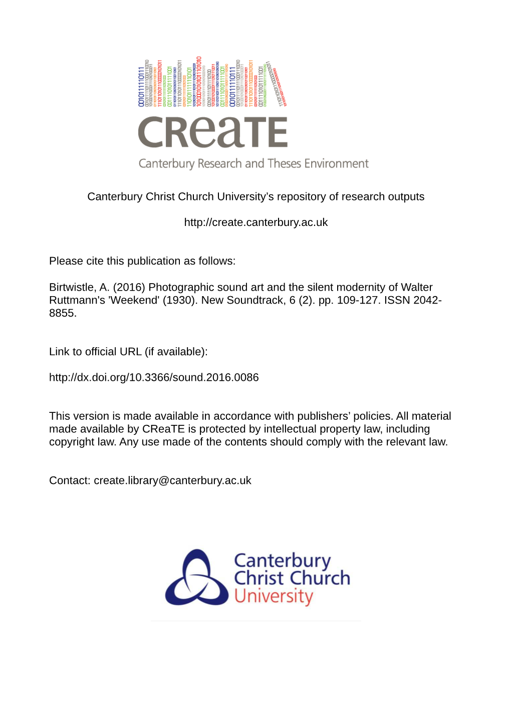 Canterbury Christ Church University's Repository of Research Outputs Http