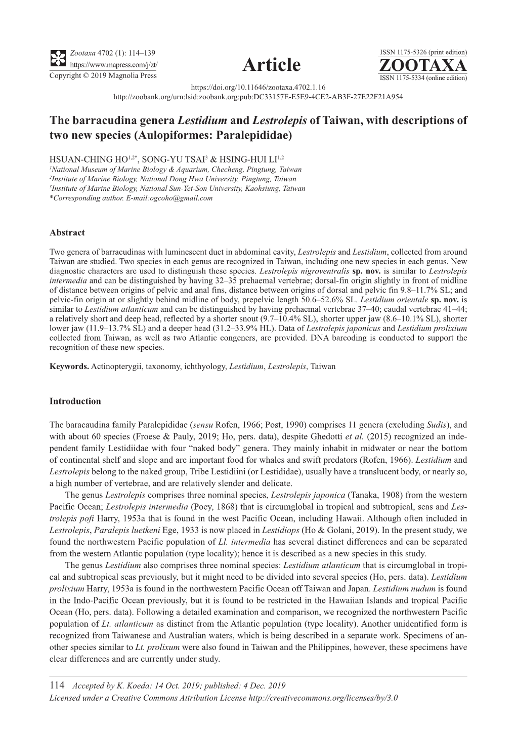 The Barracudina Genera Lestidium and Lestrolepis of Taiwan, with Descriptions of Two New Species (Aulopiformes: Paralepididae)