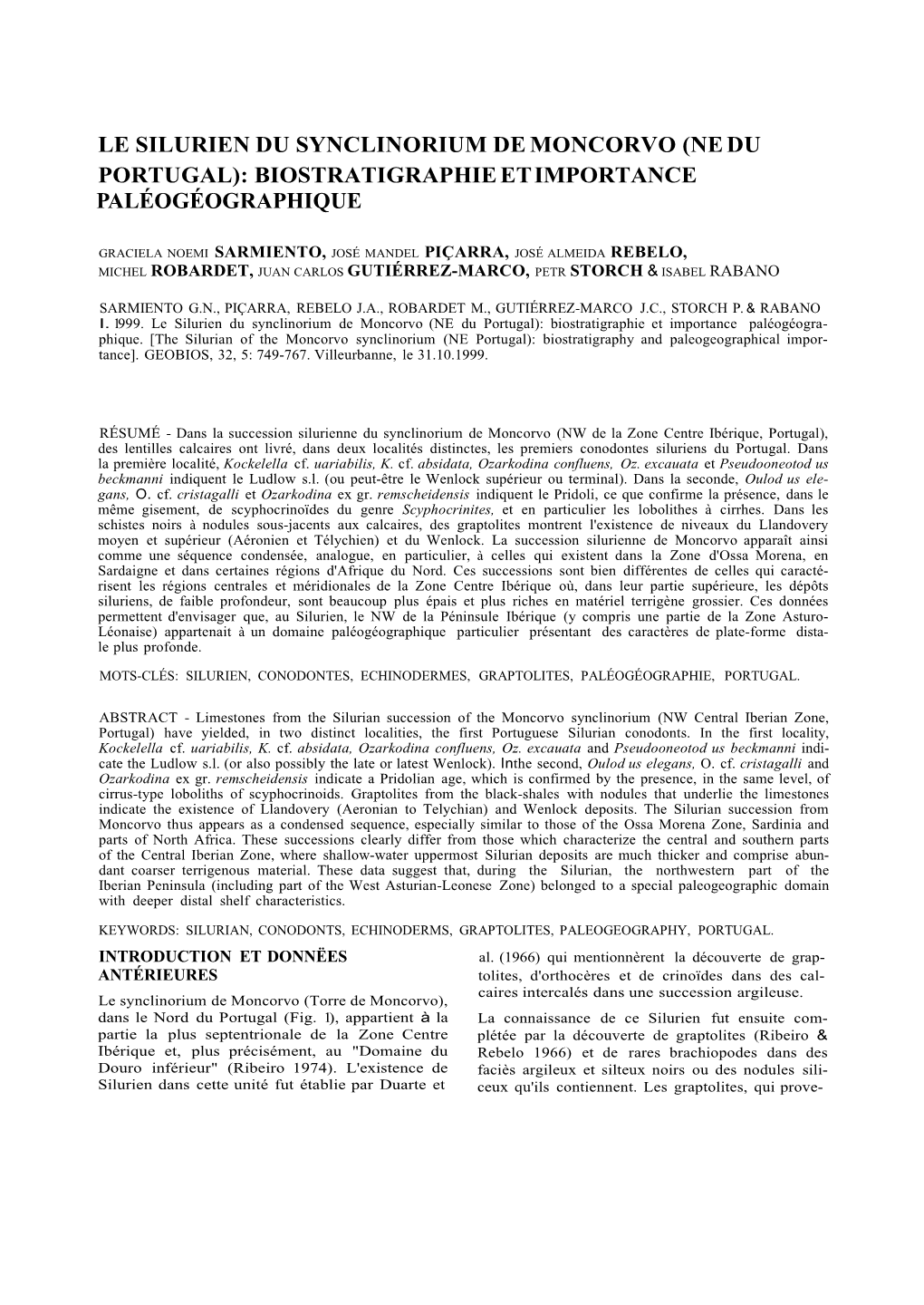 Le Silurien Du Synclinorium De Moncorvo (Ne Du Portugal): Biostratigraphie Et Importance Paléogéographique