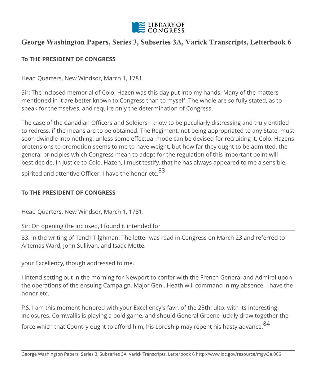 George Washington Papers, Series 3, Subseries 3A, Varick Transcripts, Letterbook 6