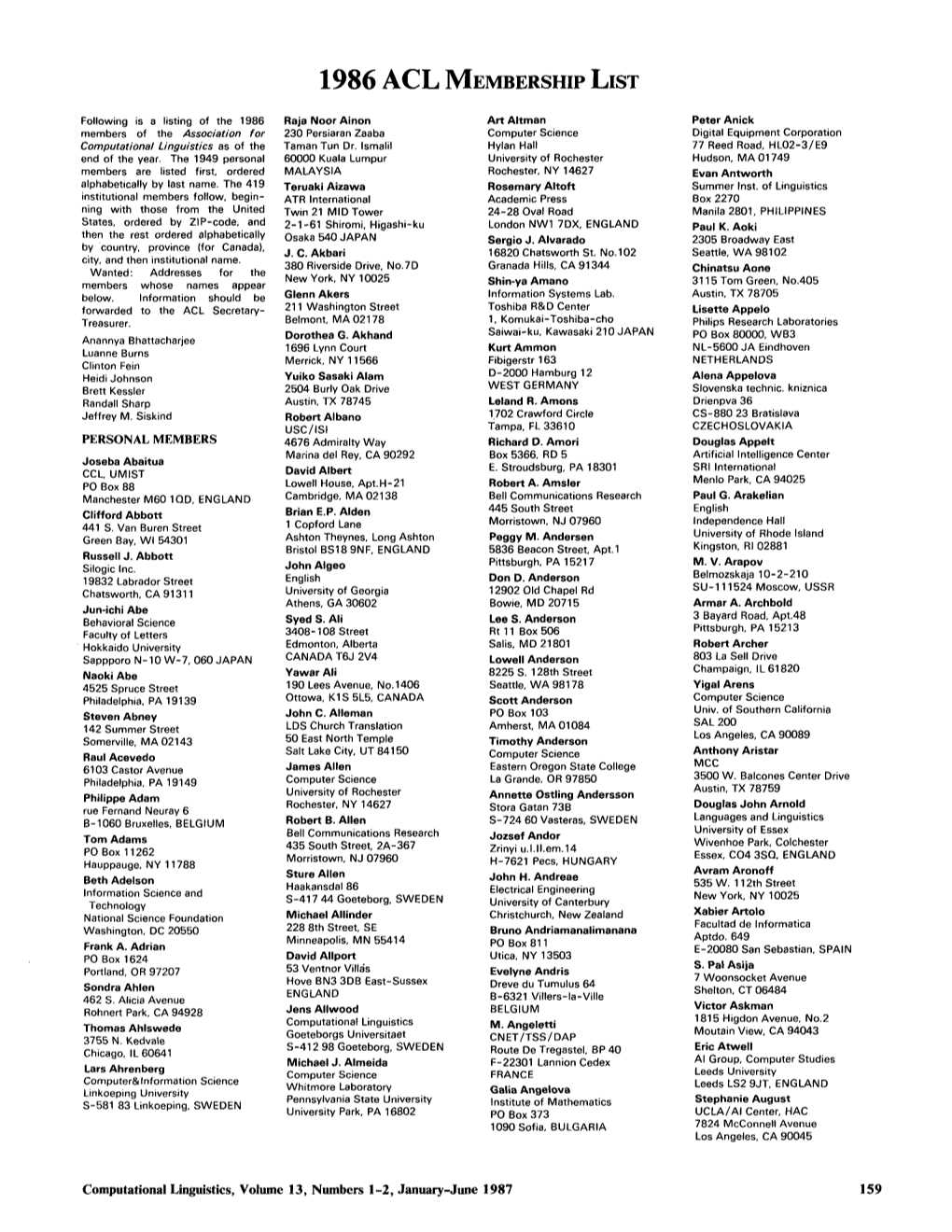 1986 ACL Membership List