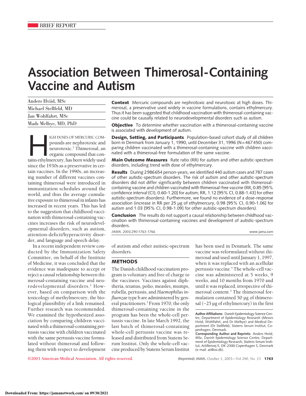 Association Between Thimerosal-Containing Vaccine and Autism