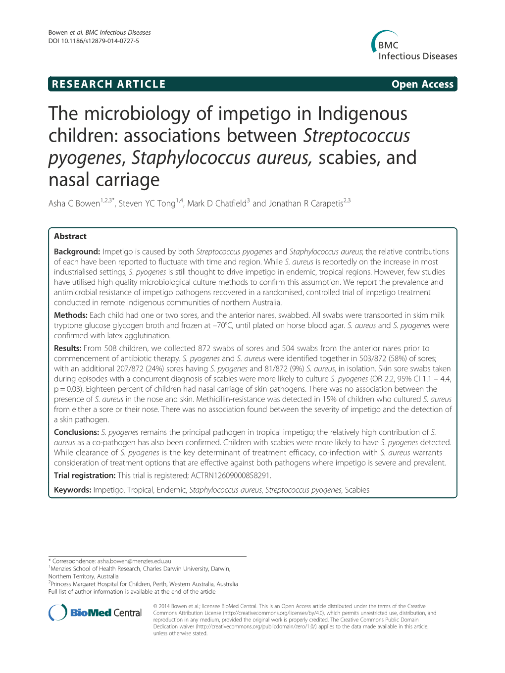 The Microbiology of Impetigo in Indigenous Children: Associations Between Streptococcus Pyogenes, Staphylococcus Aureus, Scabies