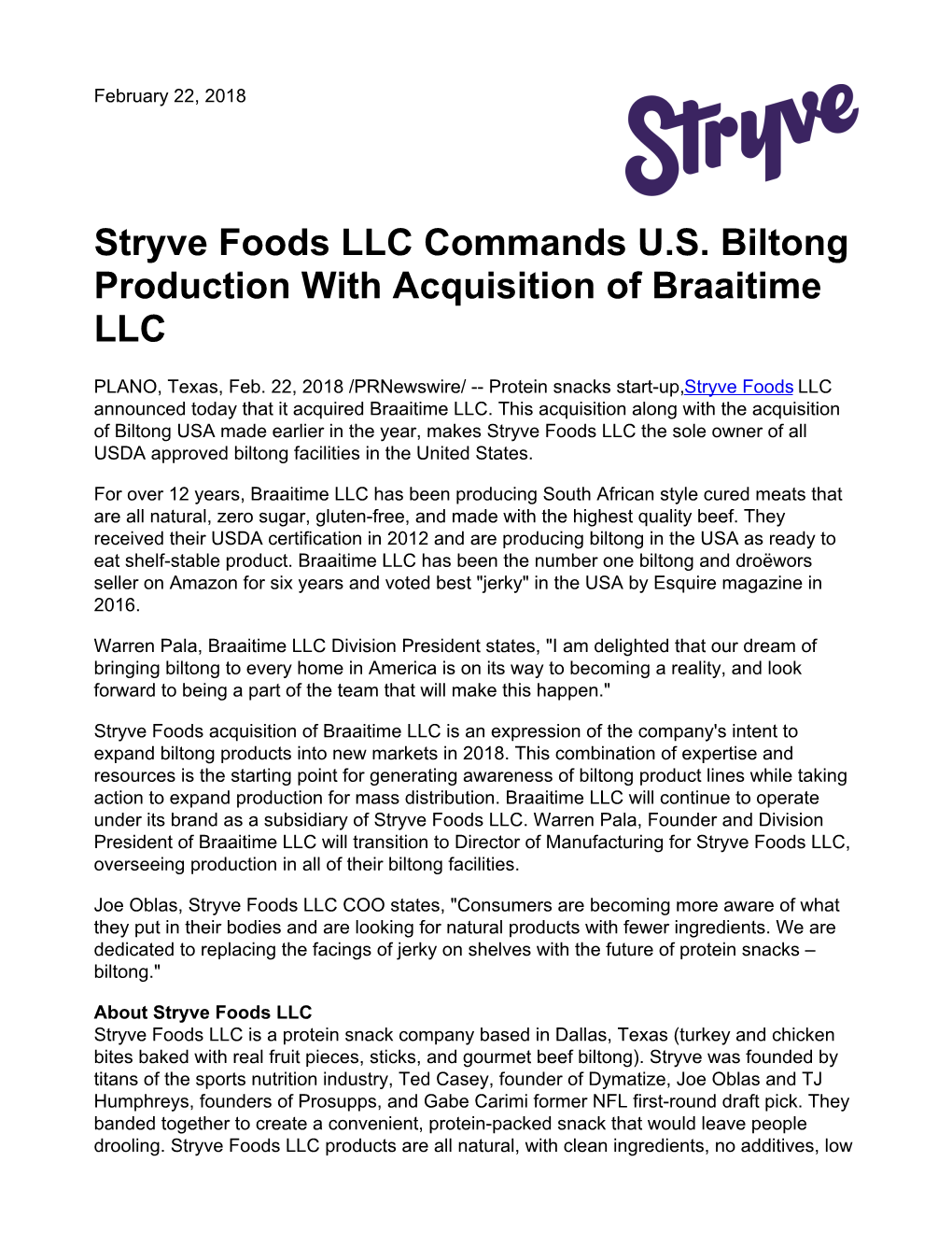 Stryve Foods LLC Commands U.S. Biltong Production with Acquisition of Braaitime LLC