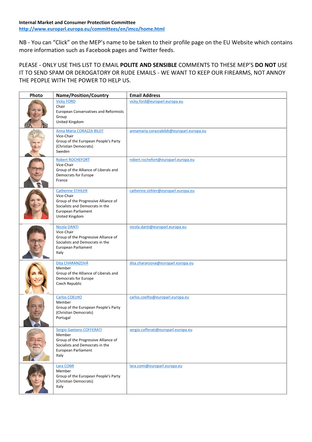 EU Firearms Proposal Committee Members