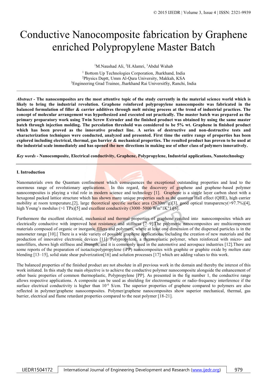 Conductive Nanocomposite Fabrication by Graphene Enriched Polypropylene Master Batch