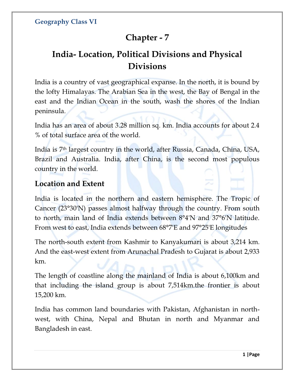 Chapter - 7 India- Location, Political Divisions and Physical Divisions