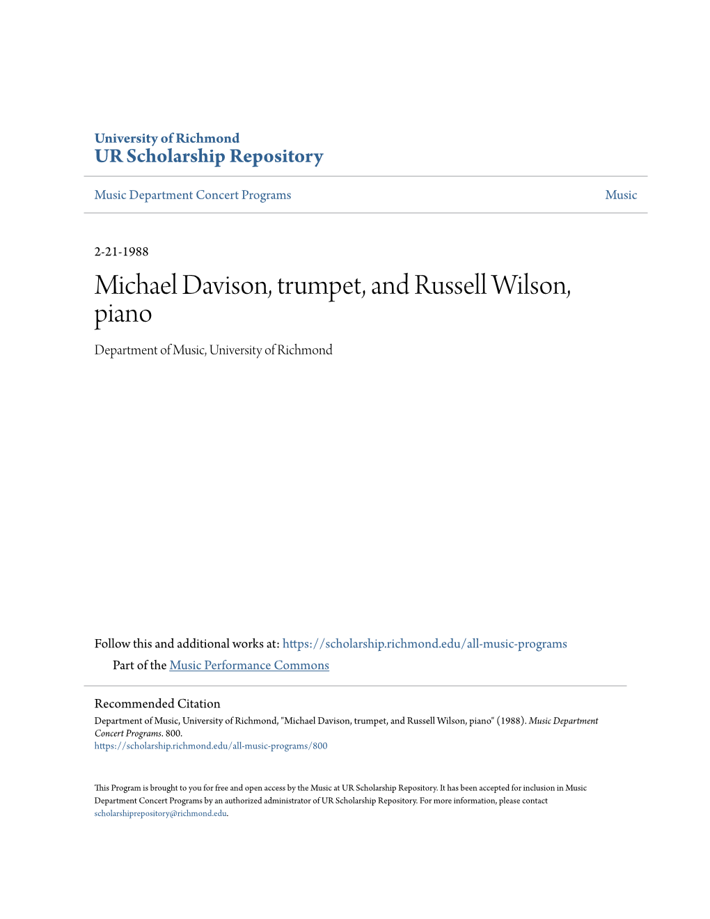 Michael Davison, Trumpet, and Russell Wilson, Piano Department of Music, University of Richmond