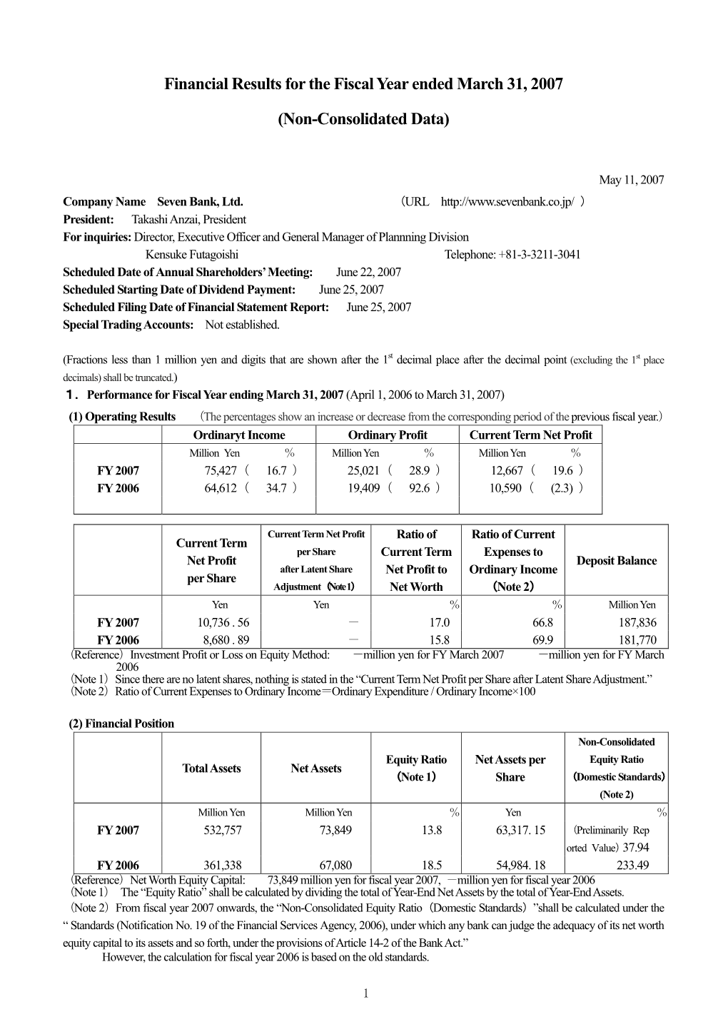 Financial Results for the Fiscal Year Ended March 31, 2007(Non