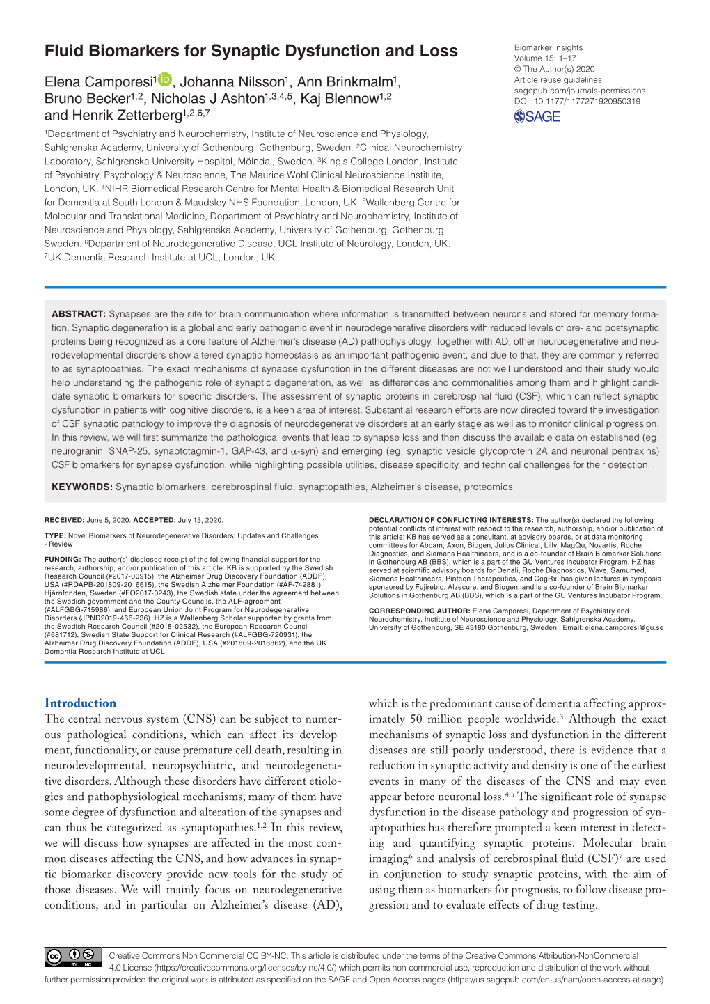 Fluid Biomarkers for Synaptic Dysfunction and Loss