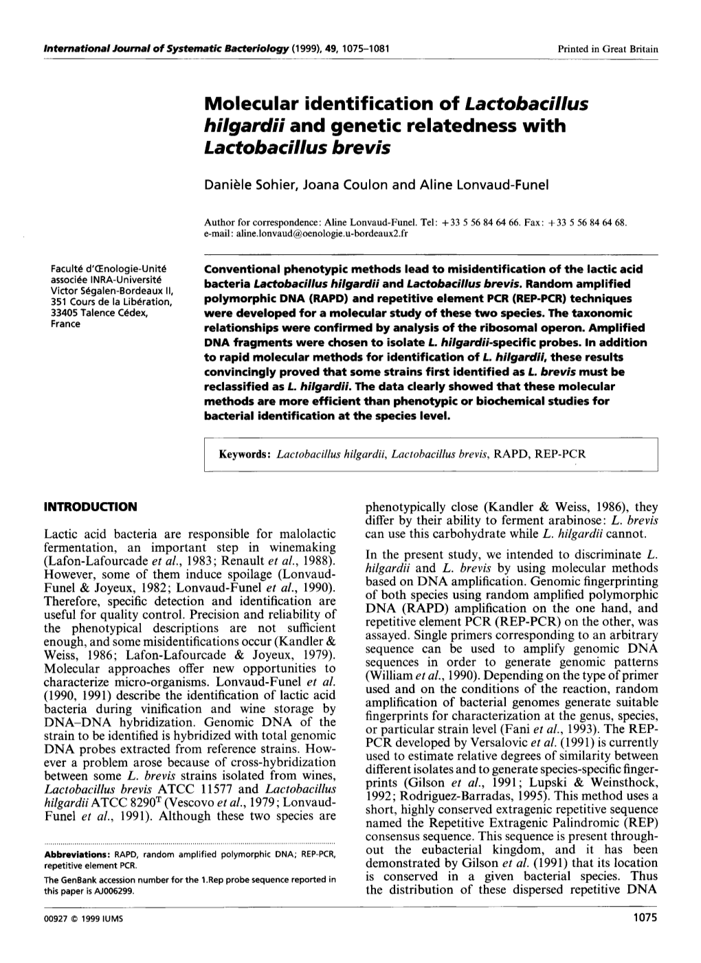 Molecular Identification of Lactobacillus Hilgardii and Genetic Relatedness with Lactobacillus Brevis