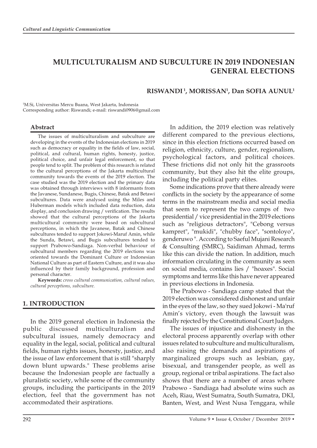 Multiculturalism and Subculture in 2019 Indonesian General Elections